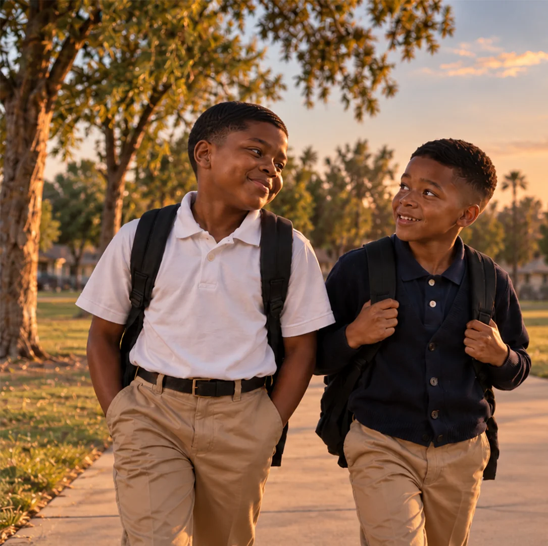 Two school-aged boys walking together at sunset, imagery from the film pitch deck